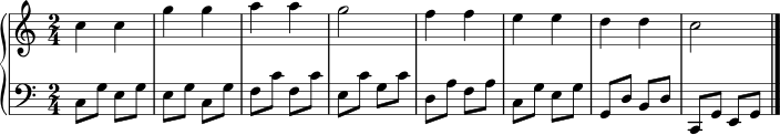 \version "2.22.0"
\header { tagline = "" }
right = \relative c'' {
\key c \major
\time 2/4
c4 c | g'4 g | a4 a | g2 |
f4 f | e4 e | d4 d | c2 \bar "|."
}
left = \relative c {
\key c \major
\time 2/4
c8 g' e g | e8 g c, g' | f8 c' f, c' | e,8 c' g c |
d,8 a' f a | c,8 g' e g | g,8 d' b d | c,8 g' e g
}
\score {
\new PianoStaff <<
\new Staff = "right" \right
\new Staff = "left" { \clef bass \left }
>>
\layout { }
}
\score {
\new PianoStaff <<
\new Staff = "right" \right
\new Staff = "left" { \clef bass \left }
>>
\midi { \tempo 4 = 92 }
}