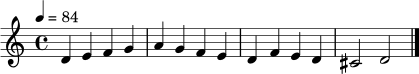 \relative c' {
\key d \dorian
\time 4/4
\tempo 4 = 84
d4 e f g | a g f e | d f e d | cis2 d2 \bar "|."
}