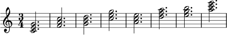 
\relative c' {
  \time 3/4
  <c e g>2. <f a c>2. <g b d>2. <c e g>2.
  <a c e>2. <d f a>2. <e g b>2. <a c e>2.
}
