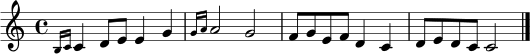 \relative c' { \clef treble \key c \major \time 4/4 \grace { b16 c } c4 d8 e e4 g | \grace { g16 a } a2 g | f8 g e f d4 c | d8 e d c c2 \bar "|." }