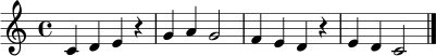 \relative c' { \clef treble \key c \major \time 4/4 c4 d e r | g4 a g2 | f4 e d r | e4 d c2 \bar "|." }
