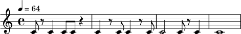 \relative c' {
\key c \major
\time 4/4
\tempo 4 = 64
c8 r c4 c8 c r4 |
c4 r8 c c4 r8 c |
c2 c8 r c4 |
c1 |
}