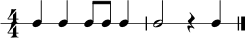 
\version "2.22.0"
\paper { indent = 0\mm line-width = 135\mm }
\header { tagline = ##f }
\score {
  \new RhythmicStaff {
    \numericTimeSignature
    \time 4/4
    c'4 c'4 c'8 c'8 c'4 |
    c'2 r4 c'4 \bar "|."
  }
  \layout { }
  \midi { \tempo 4 = 80 }
}
