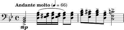  \relative c { \clef bass \time 4/4 \set Staff.midiInstrument = #"french horn" \tempo "Andante molto" 4=66 \key bes \major <d bes g>2->\mp <bes' g d>16( <a fis ees> <bes g d> <a fis ees> <bes g d>8) <bes g d> | <d bes g>-- <cis a ees>-- <d bes g>-- <bes g d>-- <c f, c>2-> |} 