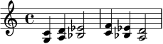 
\relative c' {
  \time 4/4
  <g c>4 <a d> <bes ees>2 |
  <c f>4 <bes ees> <a d>2 |
}
