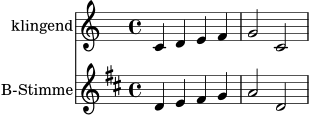 \version "2.24.0"
\header { tagline = ##f }
melodie = \relative c' { \key c \major \time 4/4 c4 d e f | g2 c, | }
bstimme = \transpose c d \relative c' { \key c \major \time 4/4 c4 d e f | g2 c, | }
\score {
<<
\new Staff \with { instrumentName = "klingend" midiInstrument = "flute" } \melodie
\new Staff \with { instrumentName = "B-Stimme" midiInstrument = "clarinet" } \bstimme
>>
\layout { }
\midi { \tempo 4 = 88 }
}