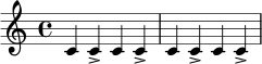 
\relative c' {
  \time 4/4
  c4 c-> c c-> | c c-> c c->
}
