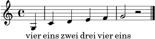 \version "2.24.0"
melodie = \relative c' {
\clef treble
\key c \major
\time 4/4
\partial 4 g4 | c4 d4 e4 f4 | g2 r2 \bar "|."
}
text = \lyricmode {
vier eins zwei drei vier eins
}
\score {
<<
\new Staff \melodie
\addlyrics \text
>>
\layout { }
\midi { \tempo 4 = 88 }
}