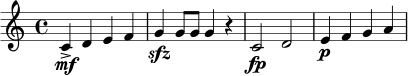 \version "2.20.0"
\paper { indent = 0\mm }
\header { tagline = ##f }
\score {
\new Staff {
\clef treble
\time 4/4
\relative c' {
c4\mf-> d e f |
g4\sfz g8 g g4 r |
c,2\fp d |
e4\p f g a |
}
}
\layout { }
\midi { \tempo 4 = 96 }
}