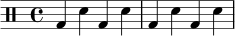 
\drums {
  \time 4/4
  bd4 sn bd sn |
  bd4 sn bd sn |
}
