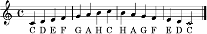 \relative c' { \clef treble \key c \major \time 4/4 c4 d e f g a b c b a g f e d c2 \bar "|." }
\addlyrics { C D E F G A H C H A G F E D C }