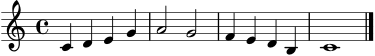 \score {
\new Staff \relative c' {
\clef treble
\key c \major
\time 4/4
c4 d e g | a2 g | f4 e d b | c1 \bar "|."
}
\layout { }
\midi { \tempo 4 = 88 }
}
