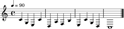 \relative c' {
\key c \major
\time 4/4
\tempo 4 = 90
c4 g e c' | d,4 a' f b | e,4 c' g d | c1 \bar "|."
}