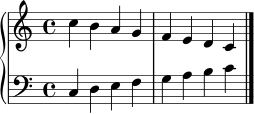 \score {
\new PianoStaff <<
\new Staff = "rechteHand" {
\clef treble
\time 4/4
c''4 b' a' g' | f' e' d' c' \bar "|."
}
\new Staff = "linkeHand" {
\clef bass
\time 4/4
c4 d e f | g a b c' \bar "|."
}
>>
\layout { }
\midi { }
}