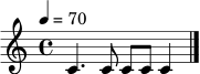 \relative c' { \tempo 4=70 \time 4/4 c4. c8 c8 c c4 \bar "|." }