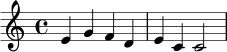 \new Staff { \clef treble e'4 g'4 f'4 d'4 e'4 c'4 c'2 }