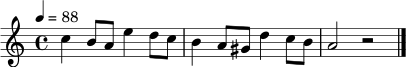 \relative c'' { \key a \minor \time 4/4 \tempo 4 = 88 c4 b8 a e'4 d8 c b4 a8 gis d'4 c8 b a2 r2 \bar "|." }