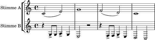 \new StaffGroup <<
\new Staff \with { instrumentName = "Stimme A" } {
\relative c' {
\key c \major
\time 4/4
c2( e) | g1 | f2( d) | c1
}
}
\new Staff \with { instrumentName = "Stimme B" } {
\relative c' {
\key c \major
\time 4/4
r4 g8-> g a4-> g | e2 r2 | r4 f8-> f g4-> e | d2 c
}
}
>>