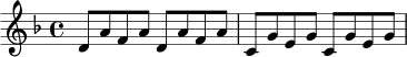 \relative c' {
\time 4/4
\key d \minor
d8 a' f a d, a' f a |
c,8 g' e g c, g' e g |
}
