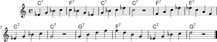 \score {
<<
\new ChordNames \chordmode { c1:7 | f1:7 | c1:7 | c1:7 | f1:7 | f1:7 | c1:7 | c1:7 | g1:7 | f1:7 | c1:7 | g1:7 | }
\new Staff \relative c' { \set Staff.midiInstrument = "tenor sax" \key c \major \time 4/4 es4 g bes c | c bes g es | g4 bes c es | c2 r2 | f,4 a c es | es c a f | es4 g bes c | g2 r2 | g4 b d f | f d b g | es4 g bes c | d2 r2 \bar "|." }
>>
\layout { }
\midi { \tempo 4 = 96 }
}