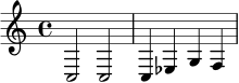 
\relative c {
  \time 4/4
  c2 c2 |
  c4 ees4 g4 f4 |
}
