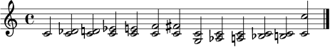 \relative c' { \cadenzaOn c2 <c des>2 <c d>2 <c ees>2 <c e>2 <c f>2 <c fis>2 <c g>2 <c aes>2 <c a>2 <c bes>2 <c b>2 <c c'>2 \bar "|." }