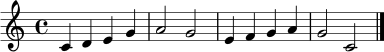 \relative c' {
\clef treble
\key c \major
\time 4/4
c4 d e g | a2 g2 | e4 f g a | g2 c,2 \bar "|."
}