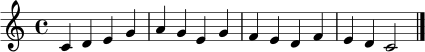\relative c' { \clef treble \key c \major \time 4/4 c4 d e g | a4 g e g | f4 e d f | e4 d c2 \bar "|." }