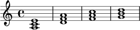 
\relative c' {
\time 4/4
<a c e>1 |
<d f a>1 |
<f a c>1 |
<g b d>1 |
}
