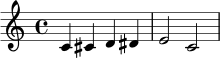 \relative c' { \clef treble \time 4/4 c4 cis d dis | e2 c | }