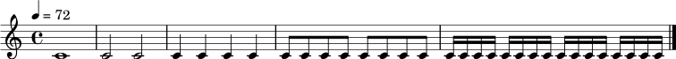\relative c' {
\time 4/4
\tempo 4 = 72
c1 \bar "|"
c2 c2 \bar "|"
c4 c4 c4 c4 \bar "|"
c8 c8 c8 c8 c8 c8 c8 c8 \bar "|"
c16 c16 c16 c16 c16 c16 c16 c16 c16 c16 c16 c16 c16 c16 c16 c16 \bar "|."
}