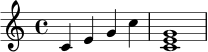 \version "2.24.0"
\paper { indent = 0\mm }
\header { tagline = ##f }
\score {
\new Staff \relative c' {
\clef treble
\key c \major
\time 4/4
c4 e g c | <c, e g>1 |
}
\layout { }
\midi { \tempo 4 = 70 }
}