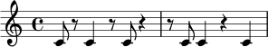 \relative c' {
\time 4/4
c8 r8 c4 r8 c8 r4 |
r8 c8 c4 r4 c4 |
}