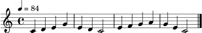 
\version "2.24.1"
\header { tagline = "" }
melody = \relative c' {
  \clef treble
  \key c \major
  \time 4/4
  \tempo 4 = 84
  c4 d e g | e d c2 |
  e4 f g a | g e c2 \bar "|."
}
verseOne = \lyricmode { Stro -- phe eins nutzt die glei -- che Me -- lo -- die. }
\score {
  <<
    \new Staff = "mel" \melody
    \new Lyrics \lyricsto "mel" \verseOne
  >>
  \layout { }
  \midi { }
}

