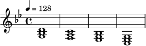 \relative c' {
\key g \minor
\time 4/4
\tempo 4 = 128
<g bes d>1 |
<f a c>1 |
<ees g bes>1 |
<c ees g>1 |
}