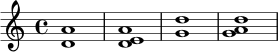 \relative c' {
\time 4/4
<d a'>1 |
<d e a>1 |
<g d'>1 |
<g a d>1 |
}