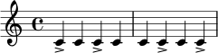 \relative c' {
\time 4/4
c4-> c c-> c |
c4 c-> c c-> |
}
