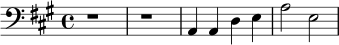 
\relative c {
  \clef bass
  \key a \major
  \time 4/4
  r1 |
  r1 |
  a4 a d e |
  a2 e2 |
}
