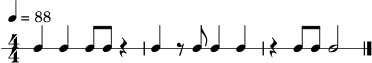 \version "2.22.0"
\header { tagline = "" }
\score {
\new RhythmicStaff {
\numericTimeSignature
\time 4/4
\tempo 4 = 88
c4 c4 c8 c8 r4 | c4 r8 c8 c4 c4 | r4 c8 c8 c2 \bar "|."
}
\layout { }
\midi { }
}
