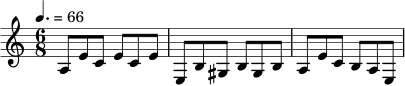\relative c' {
\key a \minor
\time 6/8
\tempo 4.=66
a8 e' c e c e |
e, b' gis b gis b |
a e' c b a e |
}