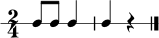 
\version "2.22.0"
\paper { indent = 0\mm line-width = 135\mm }
\header { tagline = ##f }
\score {
  \new RhythmicStaff {
    \numericTimeSignature
    \time 2/4
    c'8 c'8 c'4 | c'4 r4 \bar "|."
  }
  \layout { }
  \midi { \tempo 4 = 96 }
}

