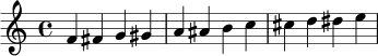 \relative c' { f4 fis g gis a ais b c cis d dis e }