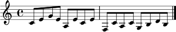 \relative c' { \set Staff.midiInstrument = "acoustic grand" \key c \major \time 4/4 c8 e g e a, e' c e f, c' a c g b d b \bar "|." }