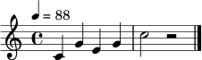 \relative c' { \set Staff.midiInstrument = "trumpet" \time 4/4 \key c \major \tempo 4 = 88 c4 g' e g | c2 r2 \bar "|." }