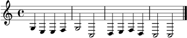 
\score {
  \new Staff \relative c' {
    \clef treble
    \key c \major
    \time 4/4
    g4 e e f | g2 c, | d4 e f d | c2 c \bar "|."
  }
  \layout { }
  \midi { \tempo 4 = 84 }
}
