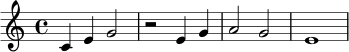 \relative c' {
\key c \major
\time 4/4
c4 e g2 | r2 e4 g | a2 g | e1
}