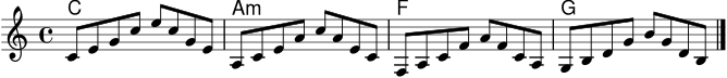 \version "2.18.2"
\score {
<<
\new ChordNames { \chordmode { c1 a:m f g } }
\new Staff \relative c' {
\clef treble
\key c \major
\time 4/4
c8 e g c e c g e |
a, c e a c a e c |
f, a c f a f c a |
g b d g b g d b |
\bar "|."
}
>>
\layout { }
\midi { \tempo 4 = 88 }
}