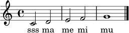 \relative c' {
\time 4/4
c2 d2 | e2 f2 | g1 \bar "|."
}
\addlyrics { sss ma me mi mu }