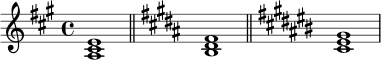 
\relative c' {
  \time 4/4
  \key a \major
  <a cis e>1
  \bar "||"
  \key b \major
  <b dis fis>1
  \bar "||"
  \key cis \major
  <cis eis gis>1
}
