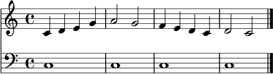 \version "2.18.2"
\score {
<<
\new Staff \relative c' {
\clef treble
\key c \major
\time 4/4
c4 d e g | a2 g | f4 e d c | d2 c \bar "|."
}
\new Staff \relative c {
\clef bass
\key c \major
\time 4/4
c1 | c | c | c \bar "|."
}
>>
\layout { }
\midi { }
}
